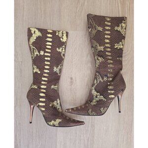 BRONX Snakeskin Stiletto Heels Boots 10 41 Leather Pointed Toe Knee High Brown